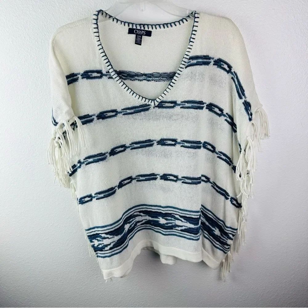 Chaps Denim Ivory Blue Southwest Design Short Sleeve Fringe Sweater Size M